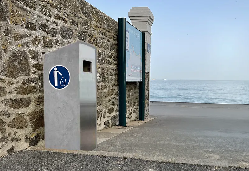 Spazzatura moderna con consapevolezza. Cestino moderno può con informazioni sul mare.