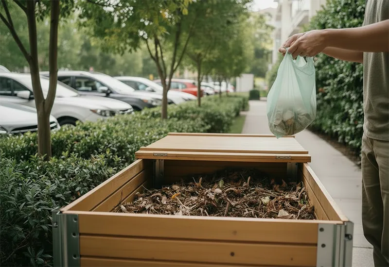 Sac poubelle vert bio-seau Sac poubelle vert et compost dans une rue.