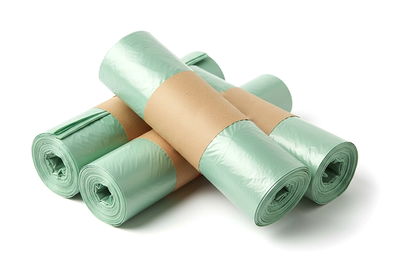 Rouleaux de sacs biodégradables Rouleaux de sacs biodégradables épais sur fond blanc.
