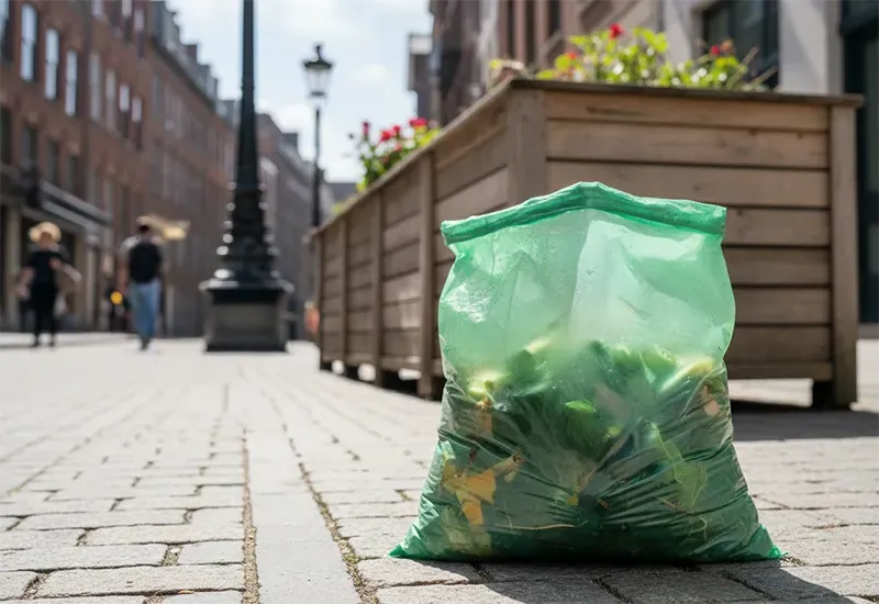 Sac poubelle biodégradable Sac poubelle dans la rue.