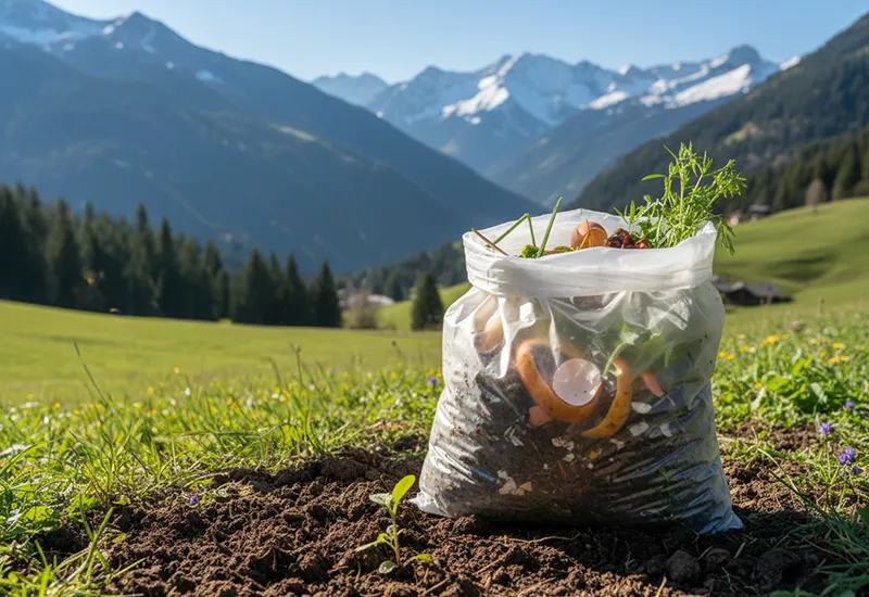 Sac poubelle transparent compostable Sac poubelle transparent avec déchets compostables dans un champs.